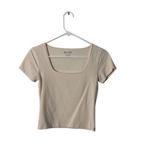 John Galt Womens Square Neck Beige T-Shirt 96% Cotton 4% Elastane Size S